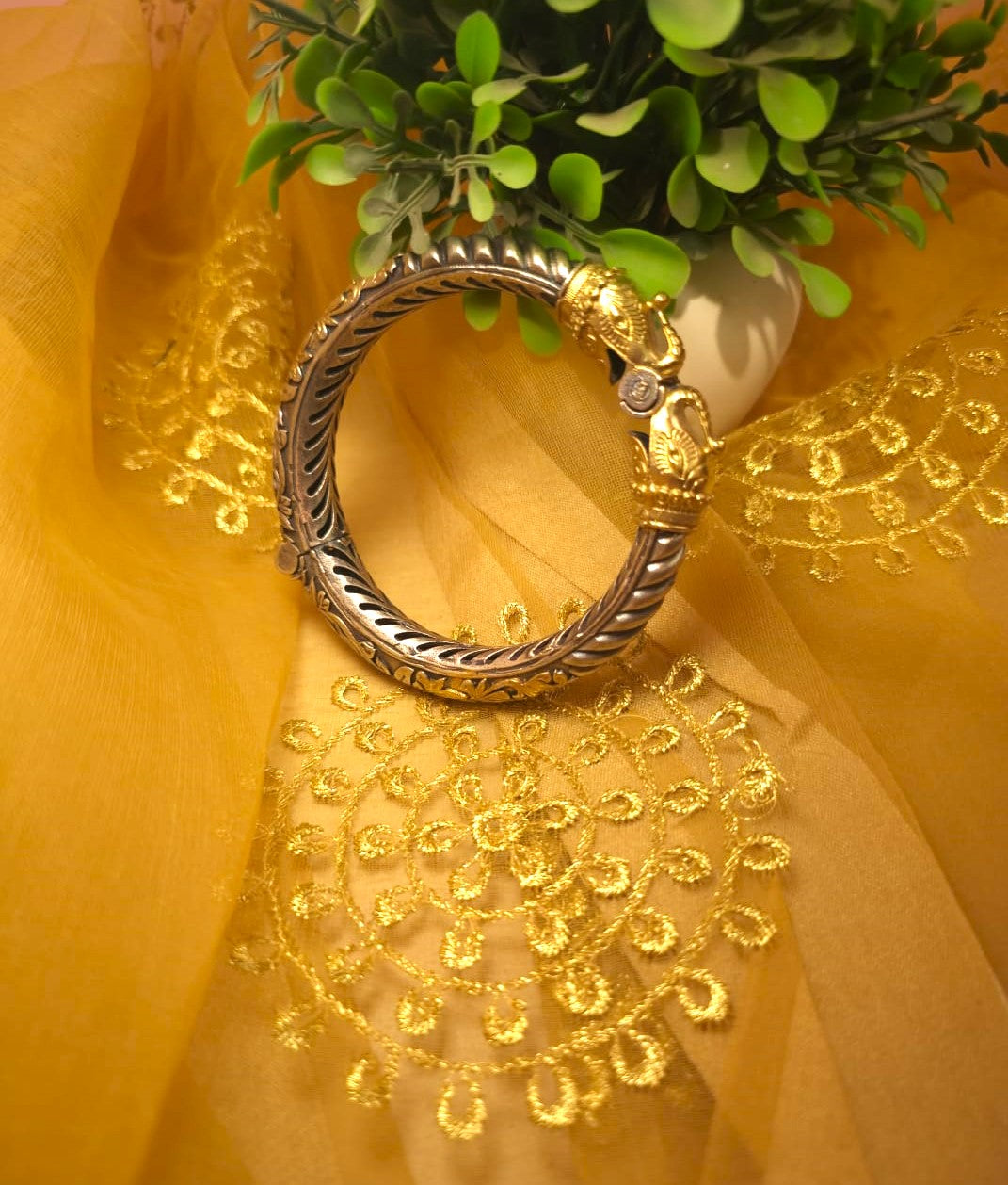 Antique Elephant Head Single Kada Bangle for Women | Dual Tone Twisted Silver Replica Openable Statement Bangle