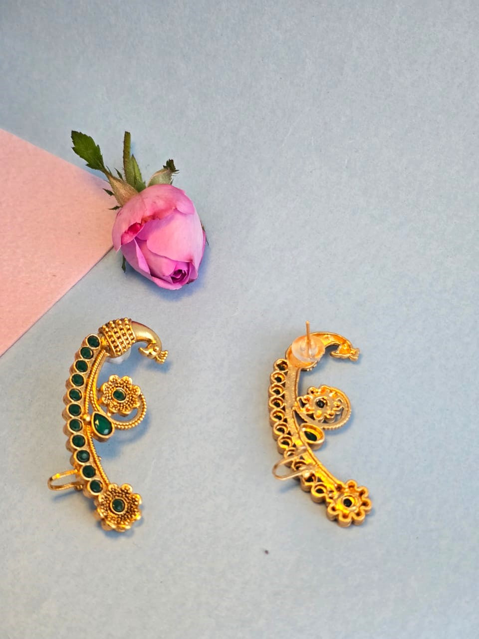 Antique Gold Green Stone Brass Ear Cuffs | Traditional Temple Style Ear Cuffs for Women