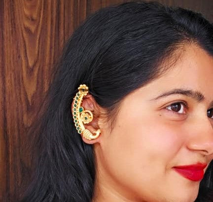 Antique Gold Green Stone Brass Ear Cuffs | Traditional Temple Style Ear Cuffs for Women