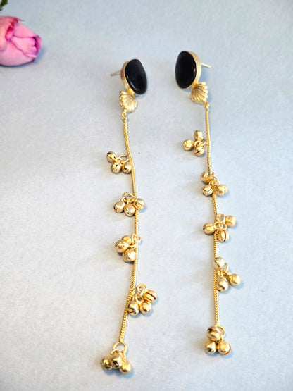 Black Onyx  Long Chain Brass Earrings | Minimalist Antique Gold Drop Earrings for Women