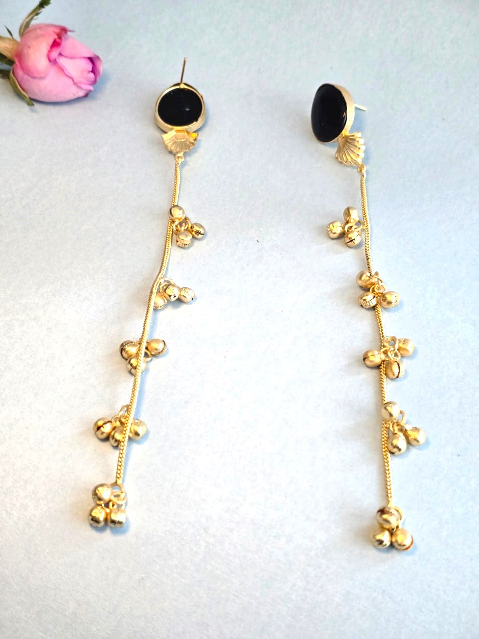 Black Onyx  Long Chain Brass Earrings | Minimalist Antique Gold Drop Earrings for Women