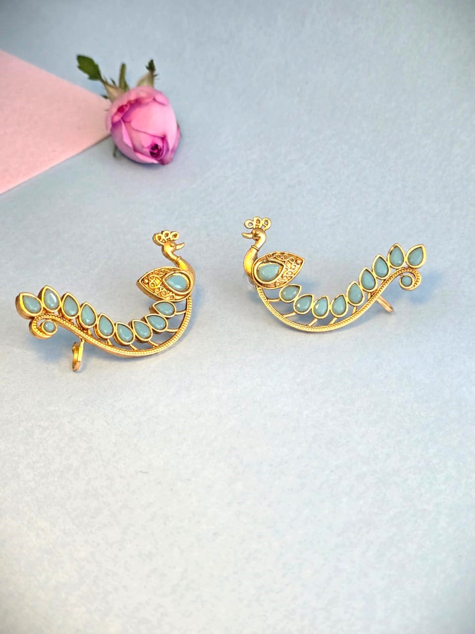 Peacock Design Blue Stone Brass Ear Cuffs- Traditional statement ear cuffs