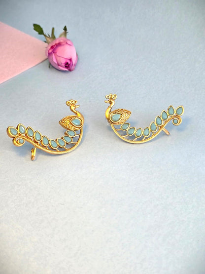 Peacock Design Blue Stone Brass Ear Cuffs- Traditional statement ear cuffs