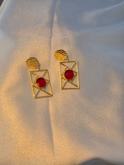 RavJyoti Gold-Toned Geometric Statement Earrings with Red Stone | Elegant Party & Festive Wear