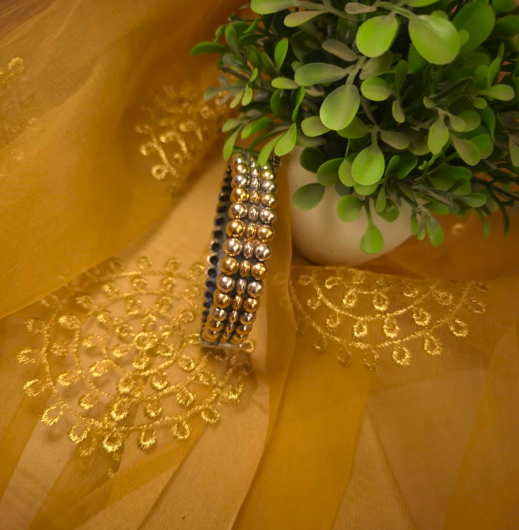 Dual Tone Beaded Kada Bangle –  Silver & Gold Openable Statement Bangle ( Single piece)