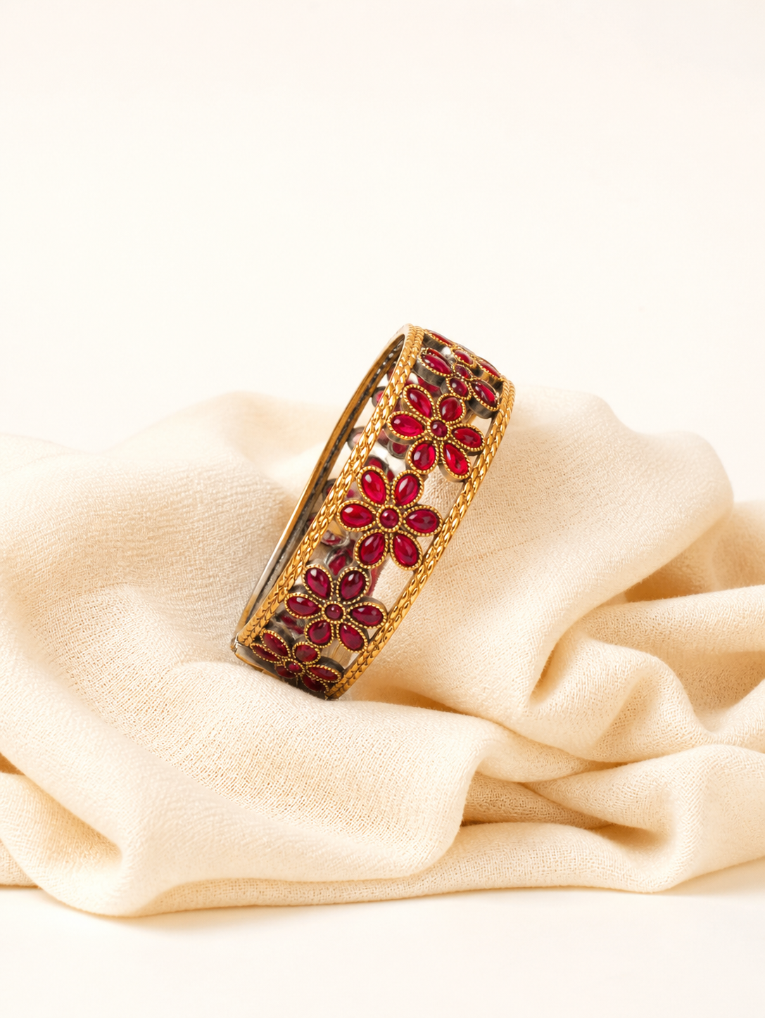 Dual Tone Floral Silver Replica Kada  Single Bangle for Women- Ravjyoti