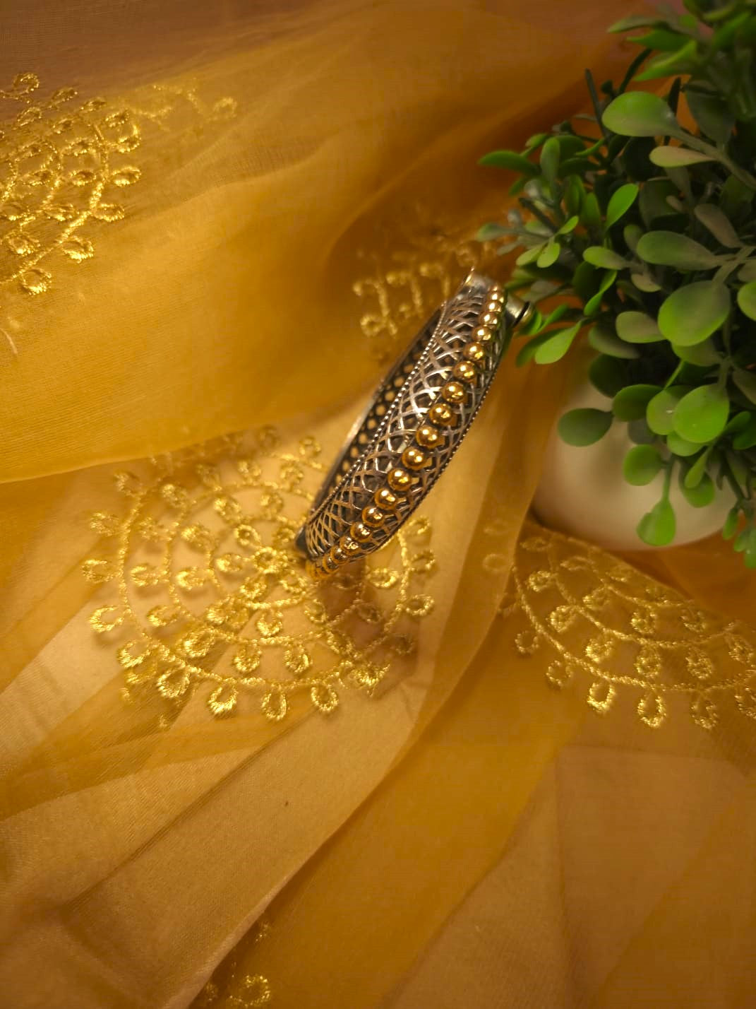 Dual Tone Gold Beaded Oxidized Silver Replica Single Bangle