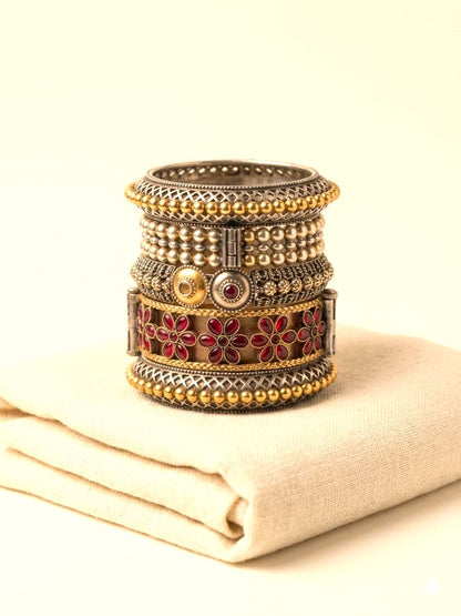 Dual Tone Silver Replica Kada Bangles Set -  RavJyoti Jewellery