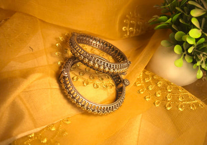 Dual Tone Antique Floral Kada Bangles ( in pair ) – Oxidised Silver & Gold Openable Ethnic Bangles for Women