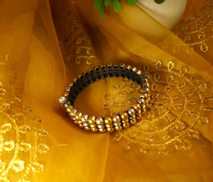 Dual Tone Beaded Kada Bangle –  Silver & Gold Openable Statement Bangle ( Single piece)