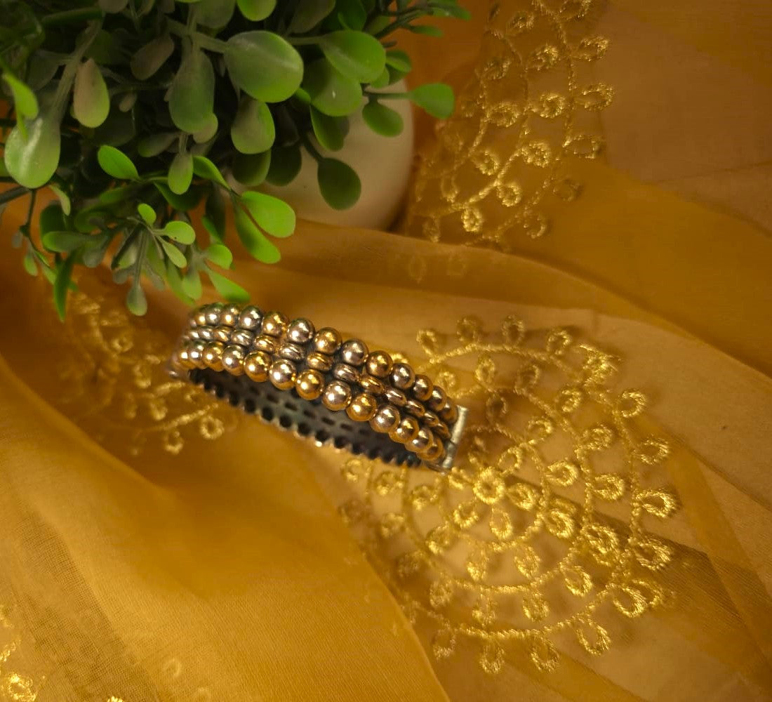 Dual Tone Beaded Kada Bangle –  Silver & Gold Openable Statement Bangle ( Single piece)