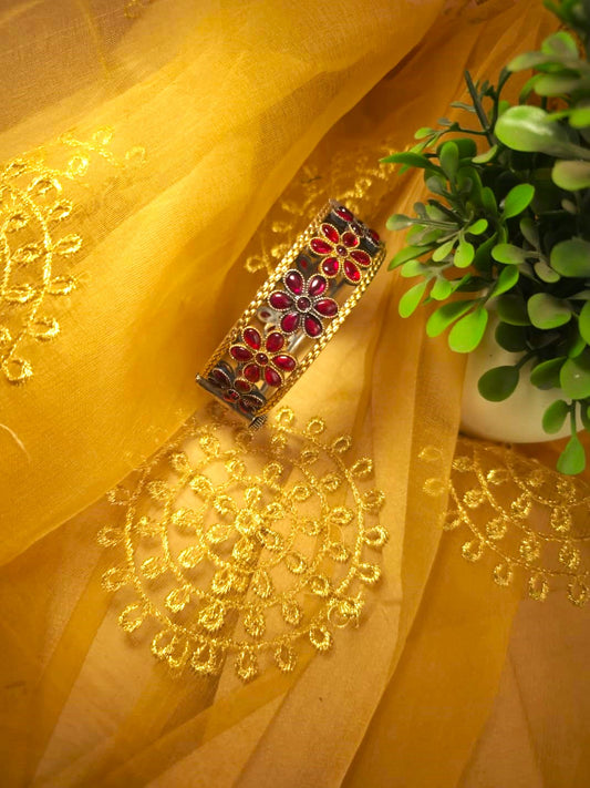 Dual Tone Floral Silver Replica Kada  Single Bangle for Women- Ravjyoti