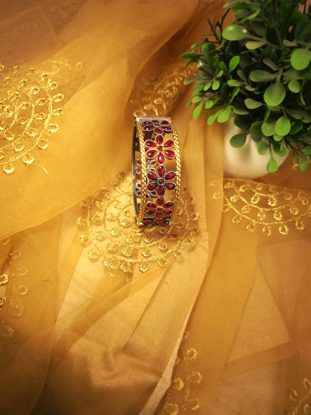 Dual Tone Floral Silver Replica Kada  Single Bangle for Women- Ravjyoti