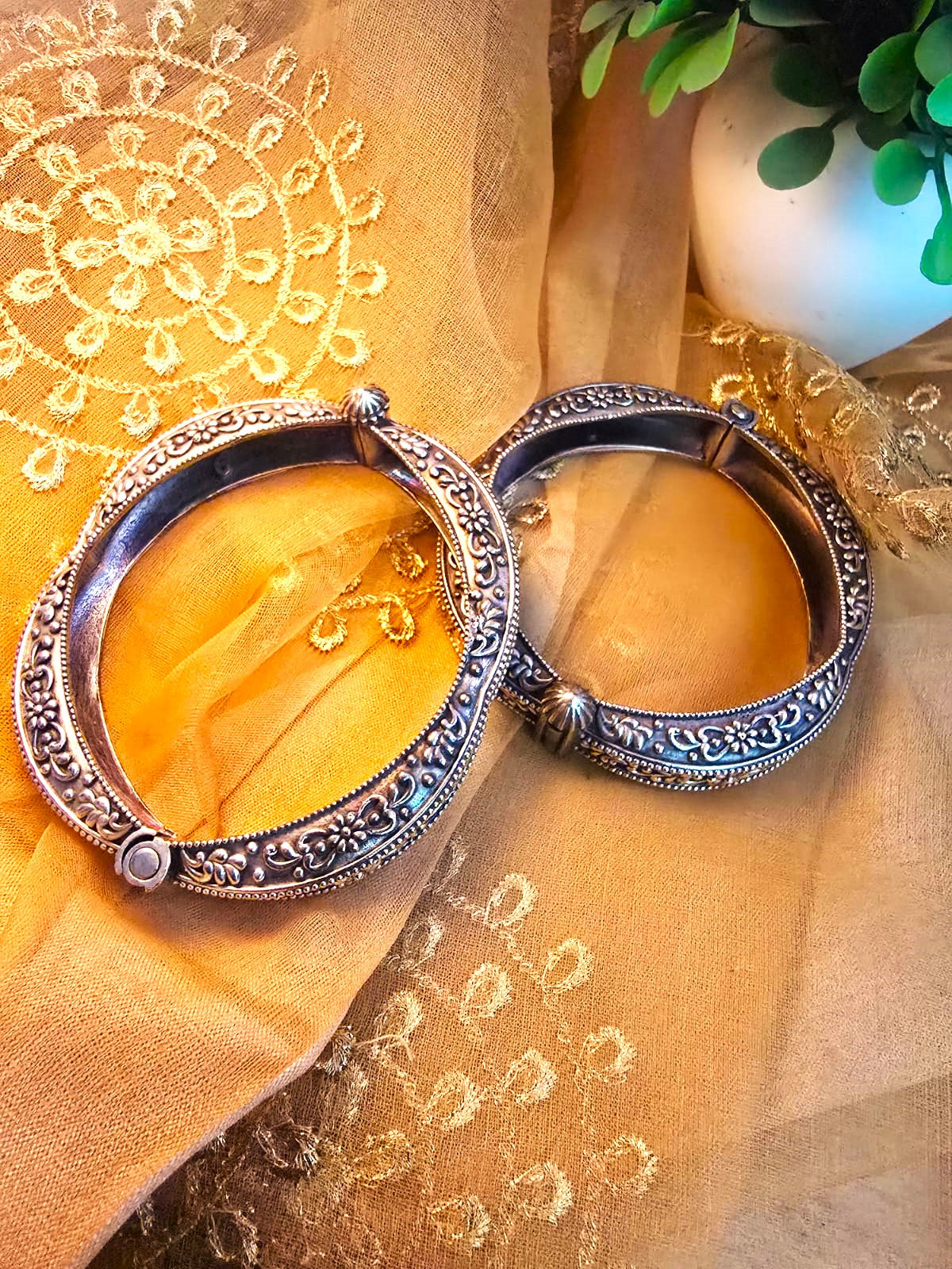 Dual Tone Silver Replica Openable Bangles in pair – Antique Gold & Oxidized Floral Engraved Kada Pair