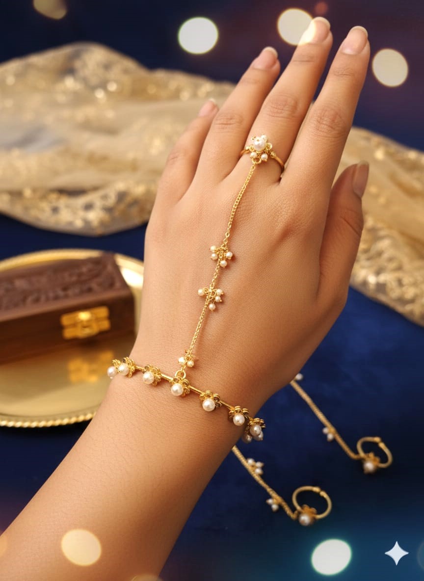 Elegant Pearl Chain Haathphool in Gold Finish | Traditional Bridal Hand Harness Jewellery