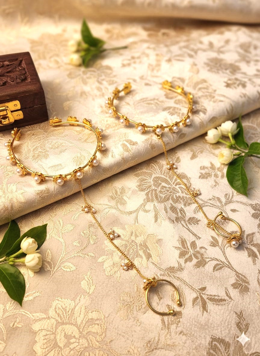 Elegant Pearl Chain Haathphool in Gold Finish | Traditional Bridal Hand Harness Jewellery