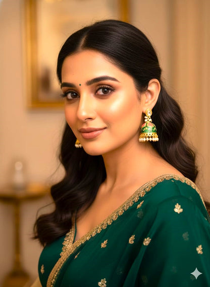 Emerald Green Pearl Jhumka Earrings | Traditional Gold Finish Bridal Jhumkas for Women