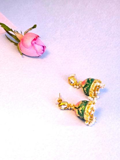 Emerald Green Pearl Jhumka Earrings | Traditional Gold Finish Bridal Jhumkas for Women
