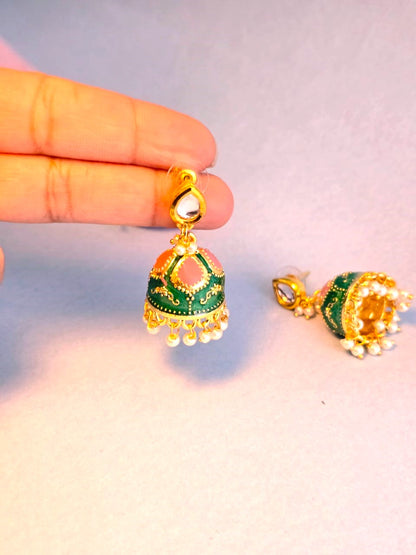 Emerald Green Pearl Jhumka Earrings | Traditional Gold Finish Bridal Jhumkas for Women