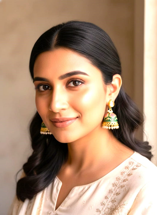 Emerald Green Pearl Jhumka Earrings | Traditional Gold Finish Bridal Jhumkas for Women