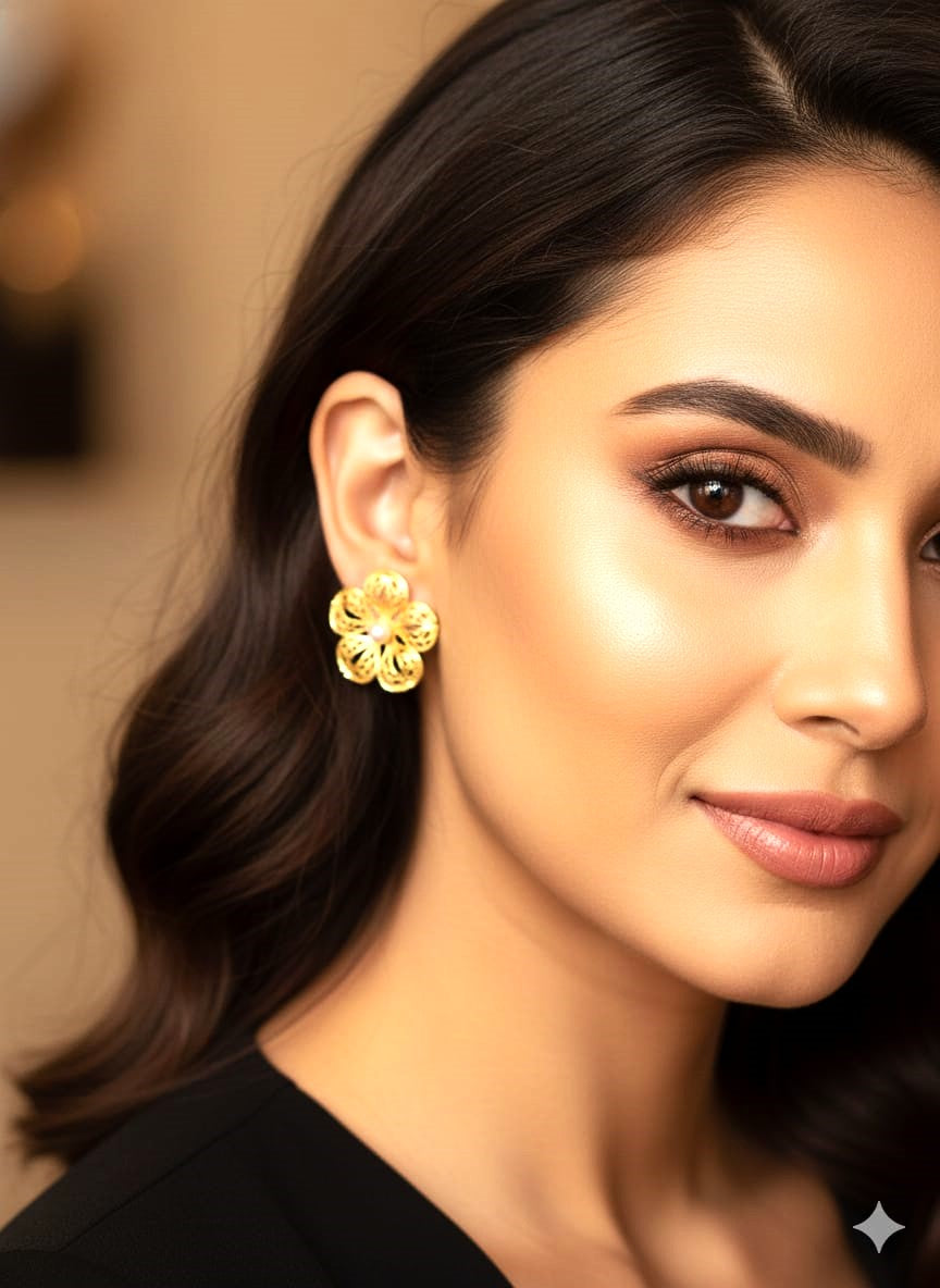 Floral Brass Stud Earrings, Elegant Everyday Earrings for Women