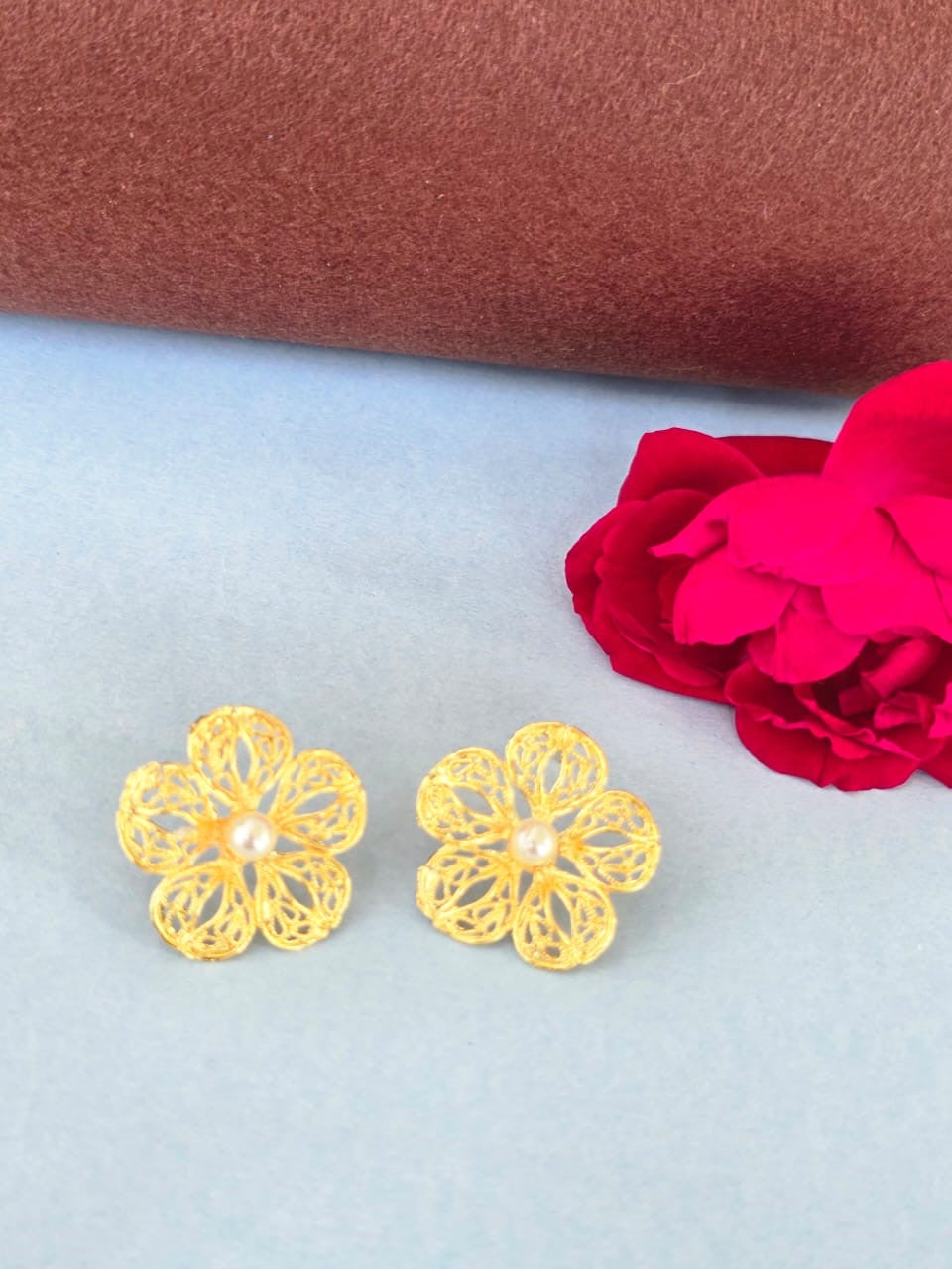 Floral Brass Stud Earrings, Elegant Everyday Earrings for Women