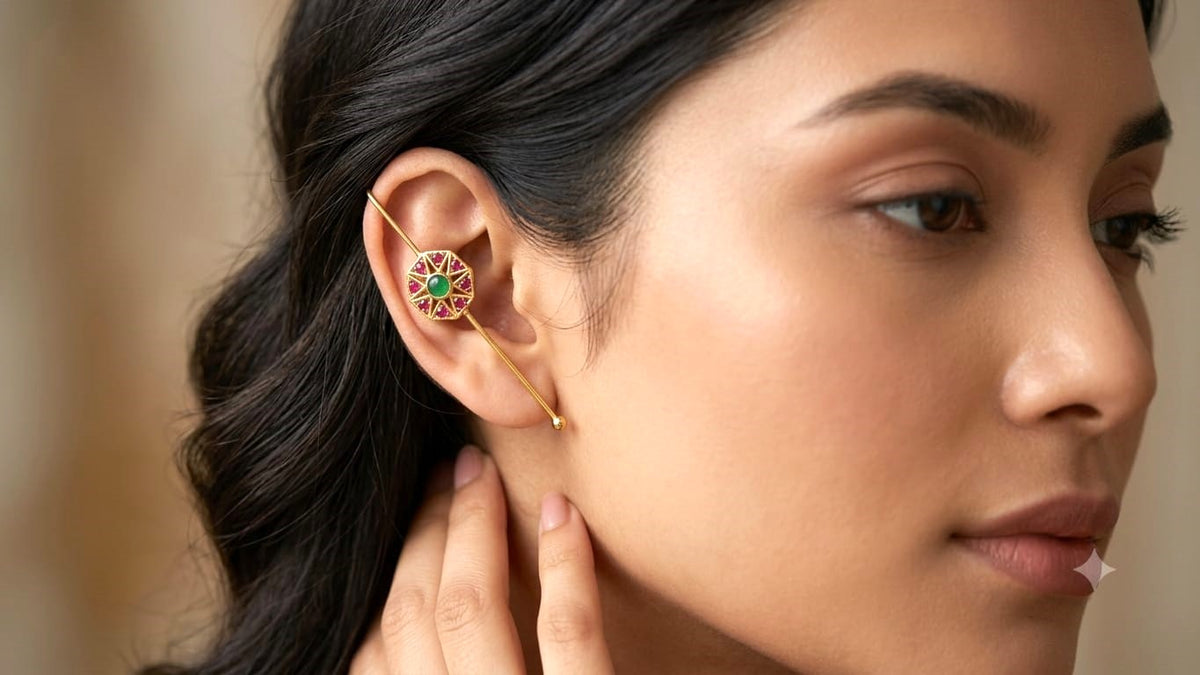 Geometric Kundan Ear Cuffs with Pink & Green Stones