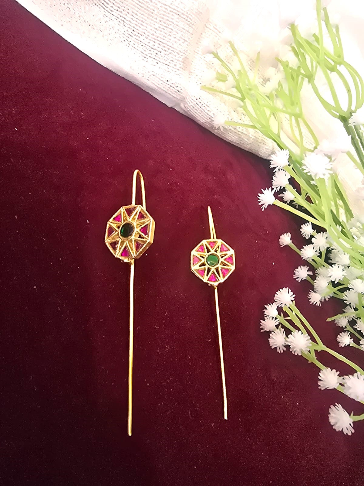 Geometric Kundan Ear Cuffs with Pink & Green Stones