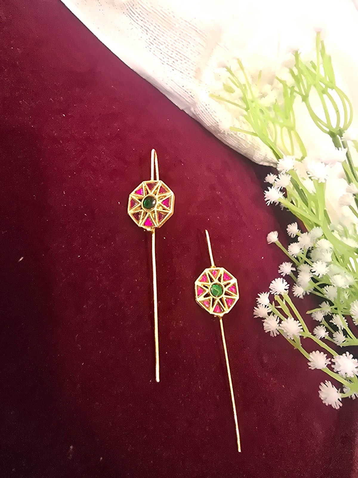 Geometric Kundan Ear Cuffs with Pink & Green Stones