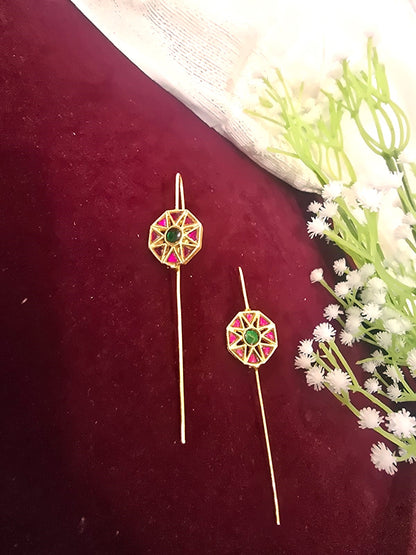 Geometric Kundan Ear Cuffs with Pink & Green Stones