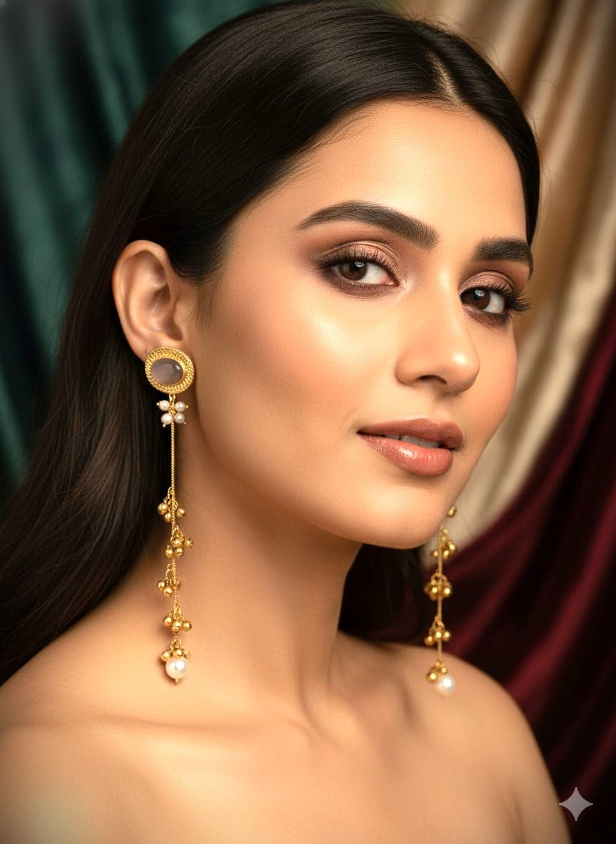 Gold-Plated Pearl Drop Long Dangler Earrings