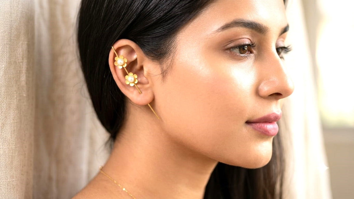 Gold-Tone Pearl Flower Ear Cuffs