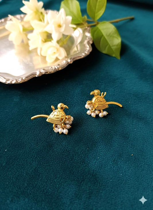 Gold-Tone Bird Motif Stud Earrings with Pearl Drops | Handcrafted Brass Earrings for Women – RavJyoti