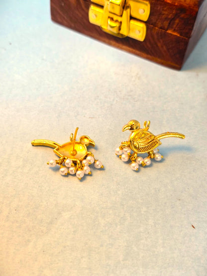 Gold-Tone Bird Motif Stud Earrings with Pearl Drops | Handcrafted Brass Earrings for Women – RavJyoti