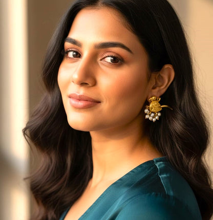 Gold-Tone Bird Motif Stud Earrings with Pearl Drops | Handcrafted Brass Earrings for Women – RavJyoti