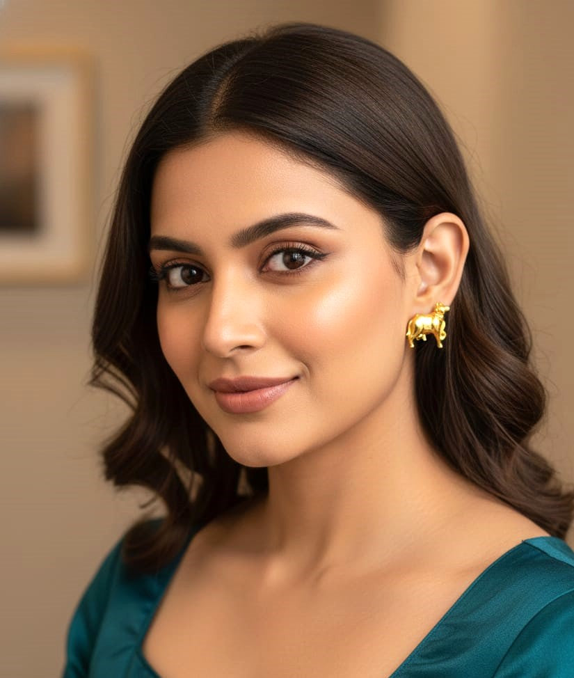 Gold Cow Motif Stud Earrings