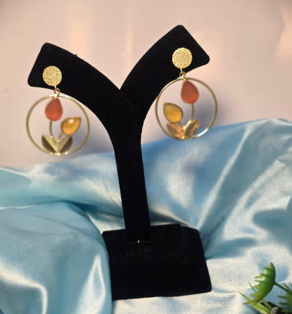 Gold Finish Artistic Hoop Drop Earrings with Multicolour Leaf Design for Women ,Modern Statement Earrings – RavJyoti