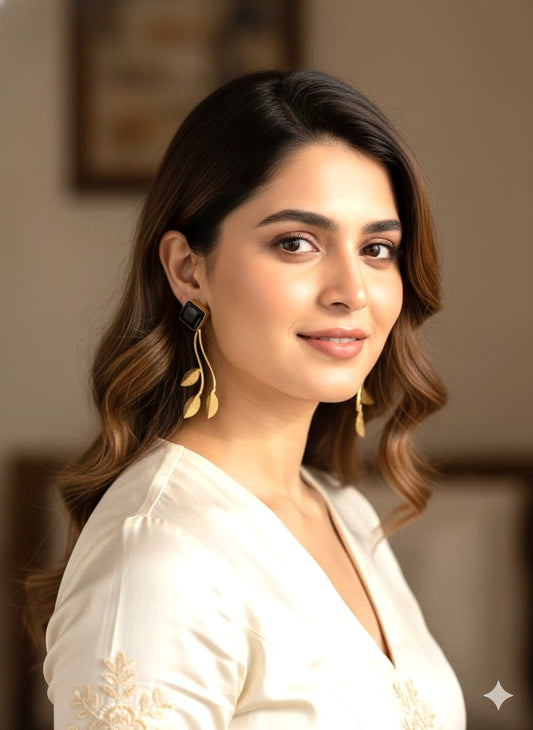 Gold Finish Black Stone Leaf Drop Earrings for Women | Elegant Nature Inspired Designer Earrings – RavJyoti