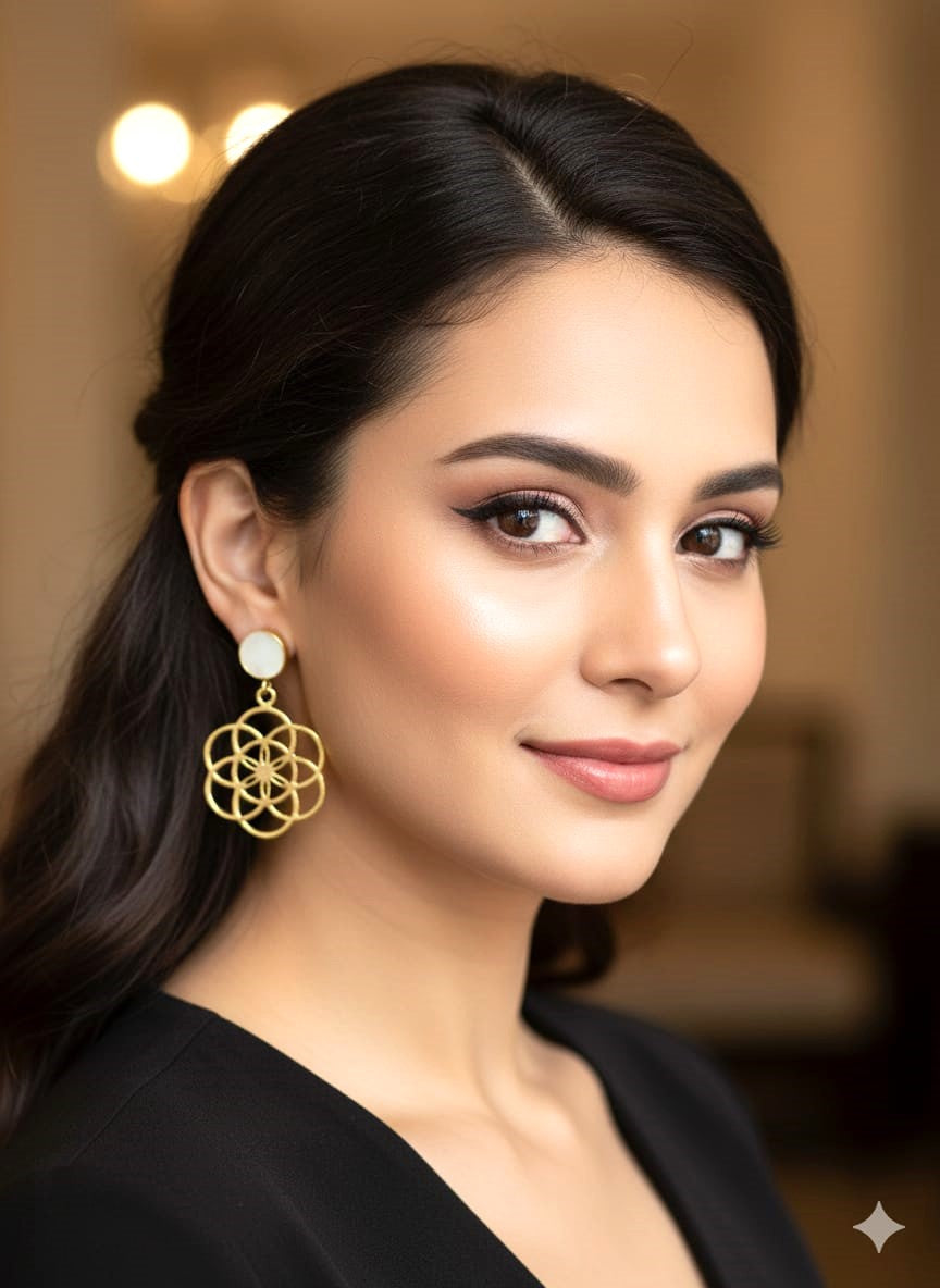 Gold Finish Geometric Floral Brass Dangle Earrings for Women | RavJyoti