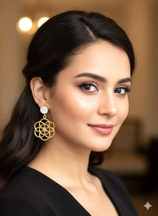 Gold Finish Geometric Floral Brass Dangle Earrings for Women | RavJyoti