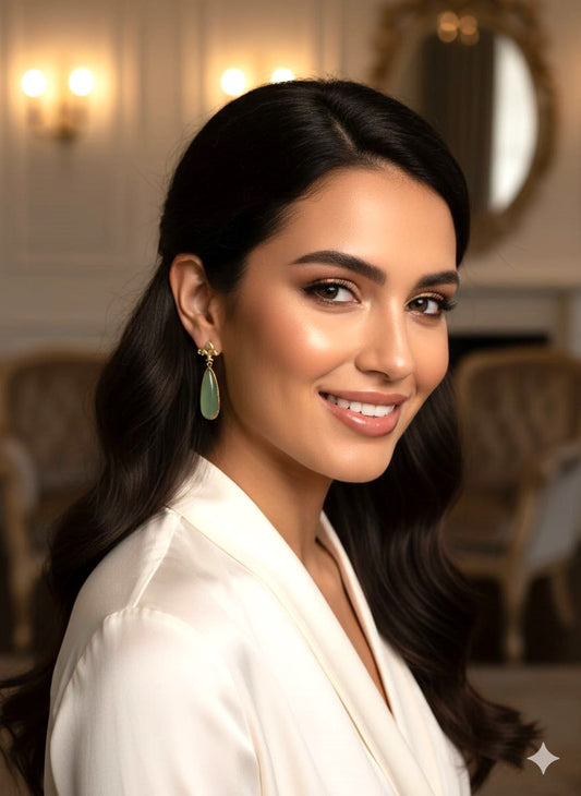 Gold Finish Green Teardrop Stone Drop Earrings for Women | Elegant Minimal Designer Earrings – RavJyoti