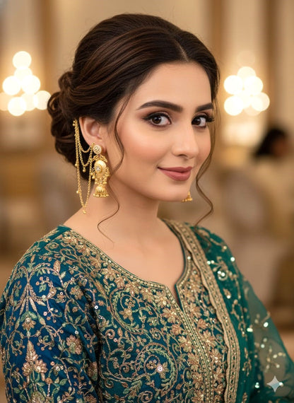 Gold Finish Kashmiri Style Jhumka Earrings with Ear Chain,Traditional Bridal Ethnic Earrings