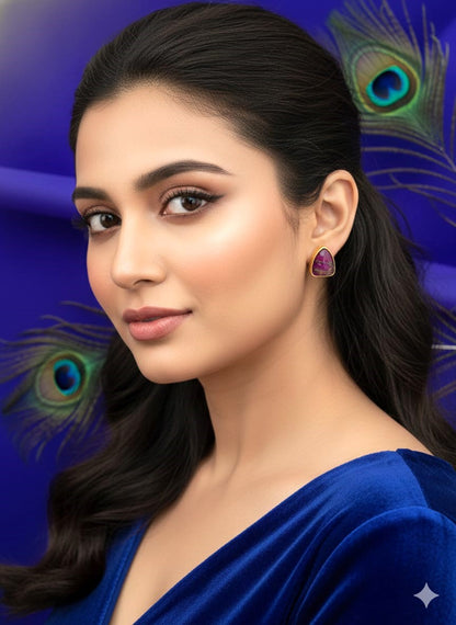 Gold Finish Purple Stone Stud Earrings for Women , Elegant Minimal Designer Earrings – RavJyoti
