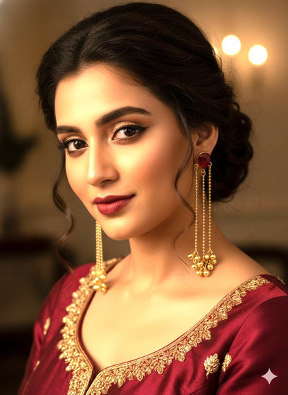 Gold Finish Red Stone Long Tassel Earrings for Women | Traditional Wedding & Festive Earrings – RavJyoti