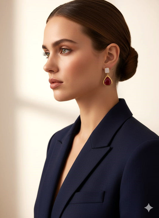 Gold Finish Red Teardrop Stone Drop Earrings for Women,| Elegant Minimal Designer Earrings