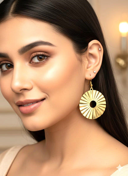 Gold Finish Sunburst Disc Brass Earrings for Women | RavJyoti