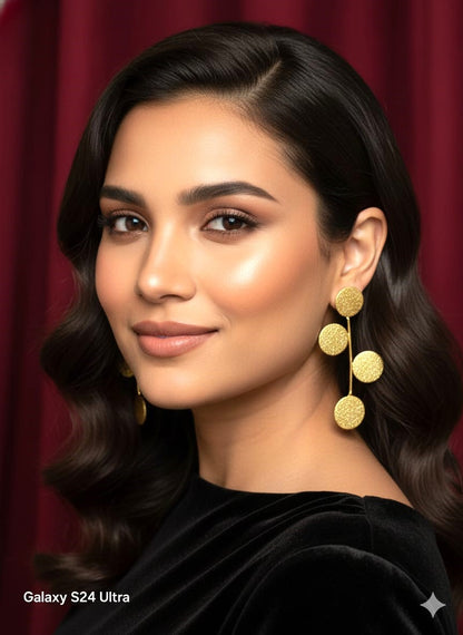 Gold Finish Textured Disc Long Drop Earrings for Women , Elegant Statement Earrings – RavJyoti