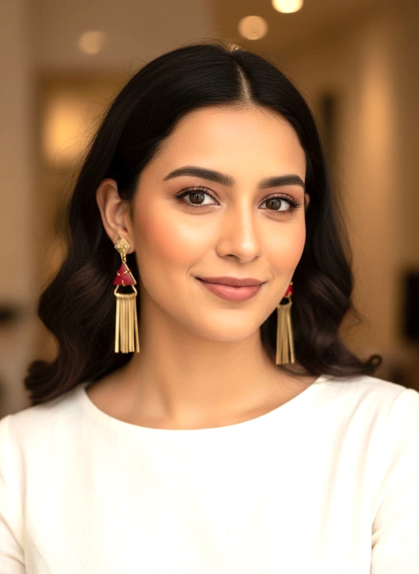 Gold Finish Triangle Tassel Earrings with Maroon Enamel – Elegant Statement Imitation Jewellery