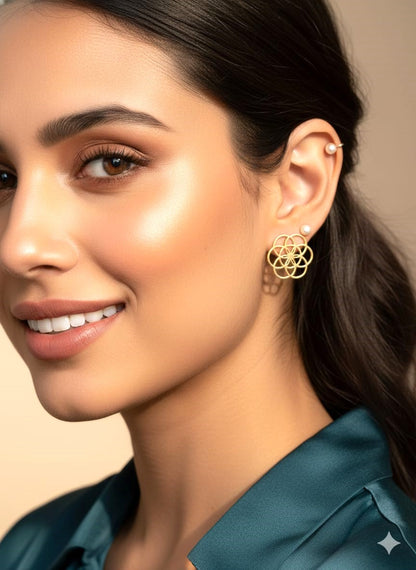 Gold Floral Geometric Stud Earrings