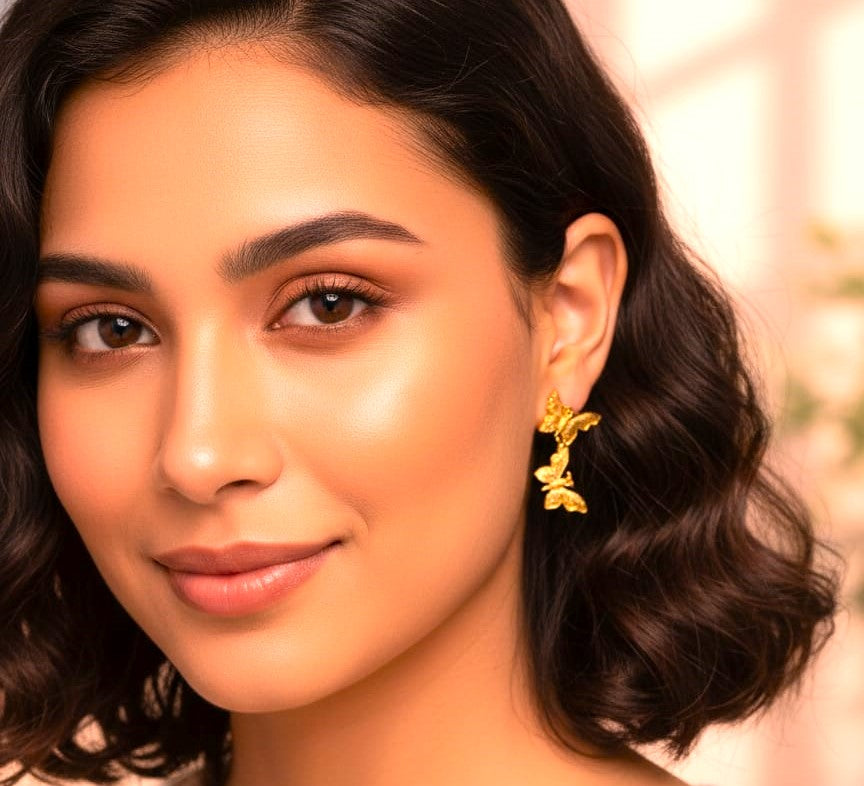 Gold Leaf Drop Earrings for Women | Elegant Brass Butterfly & Floral Daily Wear Earrings